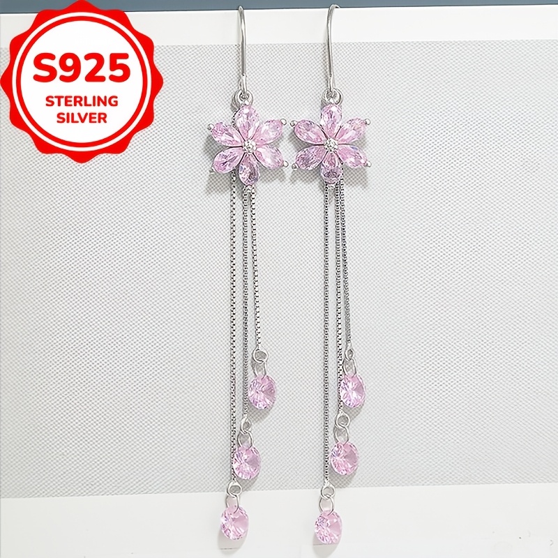 S925 Sterling Silver Flower Long Tassel Pendant Earrings